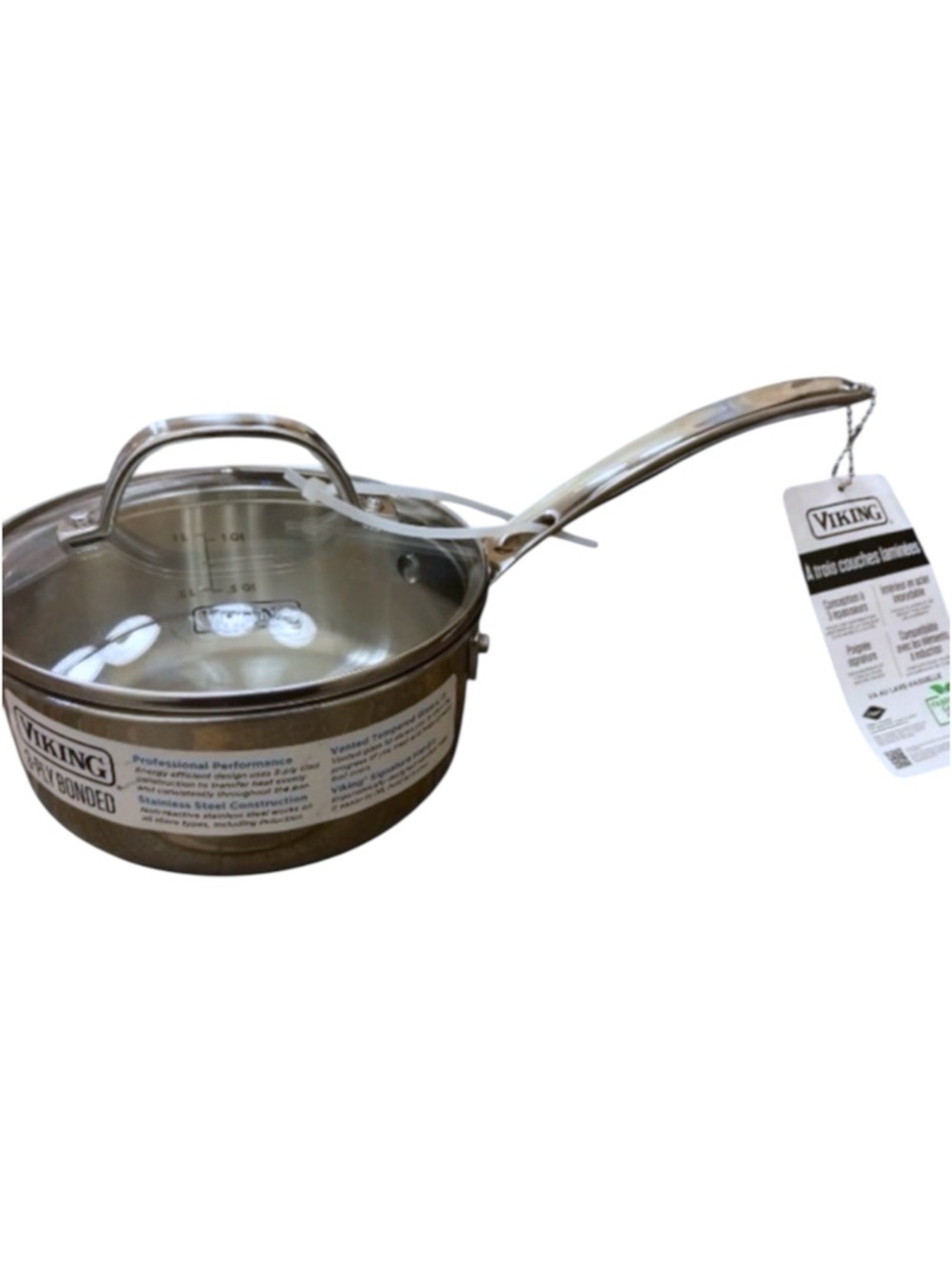 1.5 Qt Viking Stainless Steel Saucepan with Glass Lid, 3-Ply New